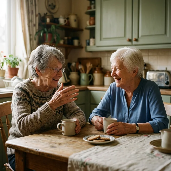 Two old friends over coffee at a kitchen table mid-story, sharing trust and ease