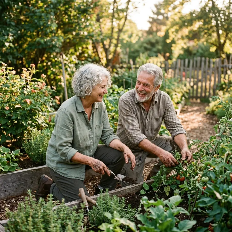 A vibrant older couple tending a garden together, smiling and laughing