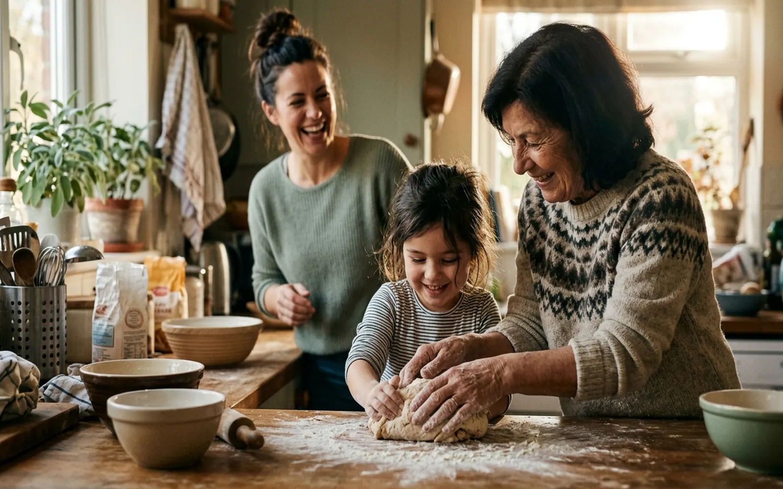 Three generations in a kitchen preparing dough together — a warm, real moment representing family legacy